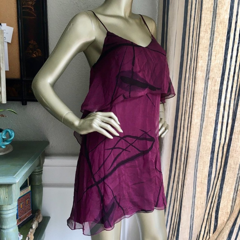 Alice + Olivia Plum Spaghetti-Strap Silk Dress with Black Abstract Detail